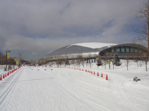 クロスカントリースキーのゴール地点と札幌ドーム クロスカントリースキーのゴール地点と札幌ドーム